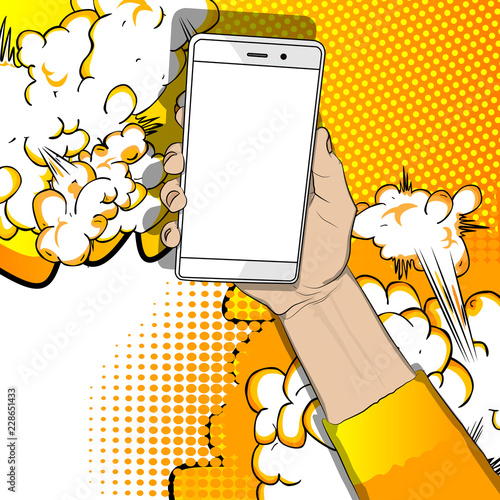 Hand holding white cellphone with white screen. Cartoon pop art retro vector illustration drawing in comic book style.