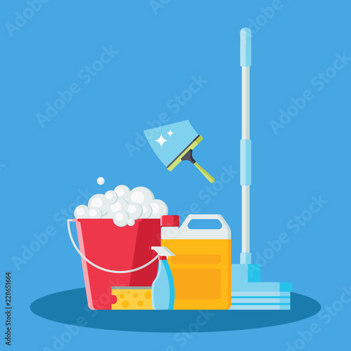 Cleaning vector illustration in modern flat style. Collection of mop, sponge, red plastic bucket, cleaning products in bottles, brush and Squeegee isolated on blue background. Housekeeping elements.