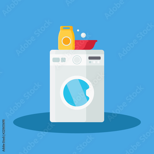 Washing Set vector illustration in modern flat style. Collection of Washing machine, washing powder and plastic basin flat icons isolated on blue background.