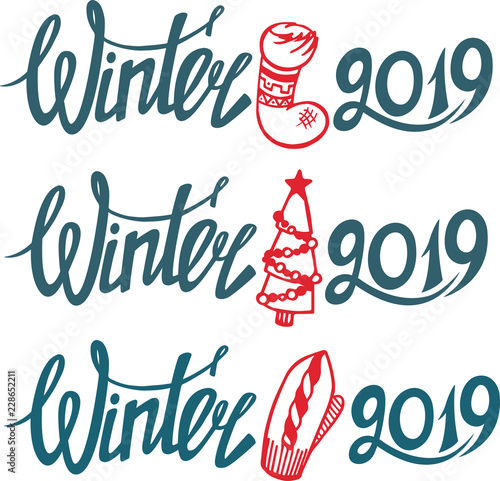 Christmas decoration kit. Lettering. Happy New year theme. Winter holiday set. Colorful vector illustration 