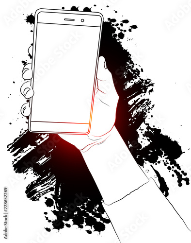 Hand holding white cellphone with white screen. Drawing with splash on the background.