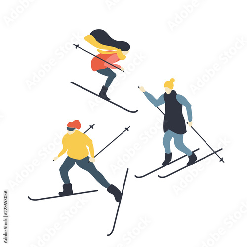 People skiing. Women and men go in for winter sports. Vector illustration.