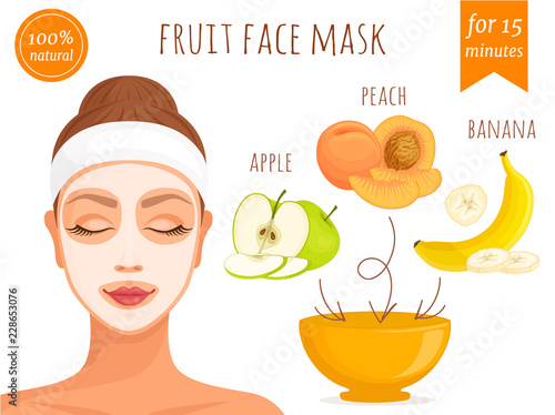 Recipe for homemade fruit facial mask. Vector illustration. Skin care.