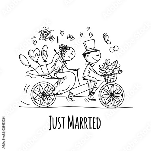 Wedding card design. Bride and groom riding on bicycle