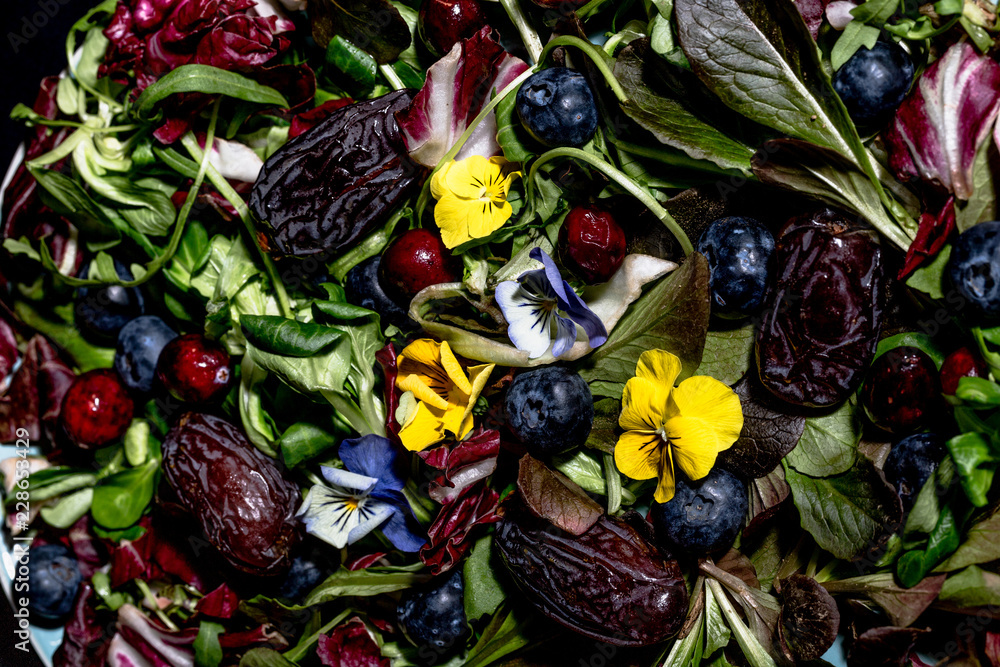 Moody Food - Herbstlicher Feldsalat mit Radicchio, Heidelbeeren, Datteln und essbaren gelben und blauen Blüten