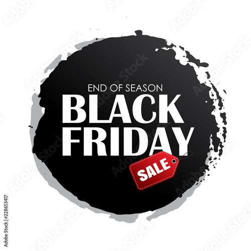 Black friday sale circle banner with white text on grunge black brush stroke. Use for discount, shopping, promotion, advertising.