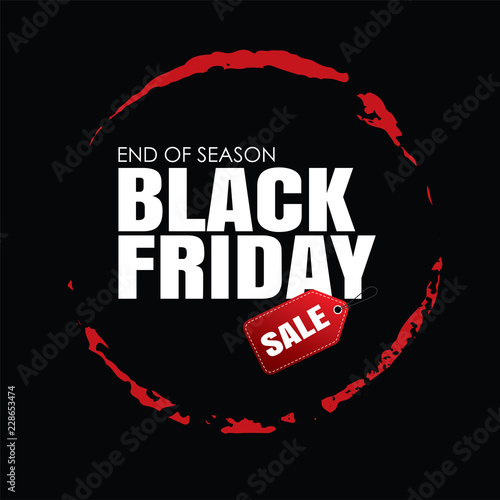 Black friday sale circle banner with white text on grunge red brush stroke. Use for discount, shopping, promotion, advertising.