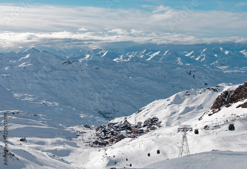 Val Thorens, France - March 1, 2018: Val Thorens viewed from Cime Caron peak
