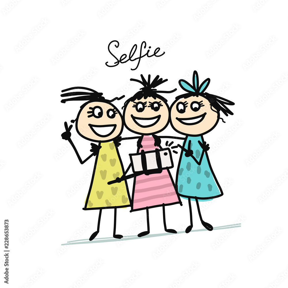 Funny girls do photos with mobile smart phone device using selfie Funny girls do photos with mobile smart phone device using selfie
