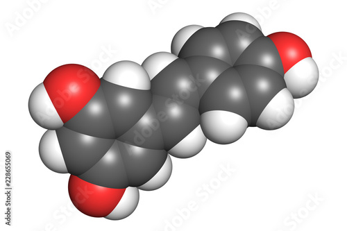 Resveratrol molecule  space-filling model. Atoms are coloured according to convention  oxygen-red  hydrogen-white  carbon-gray .