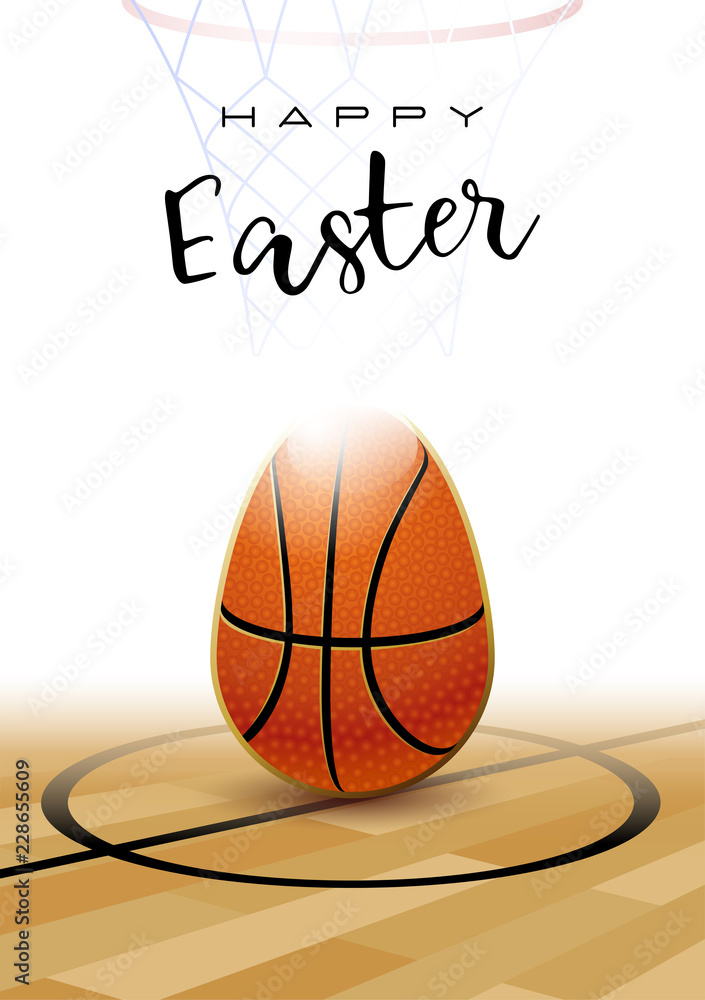 Happy Easter. Sports greeting card. Realistic basketball ball in the shape of Easter egg. Vector illustration.