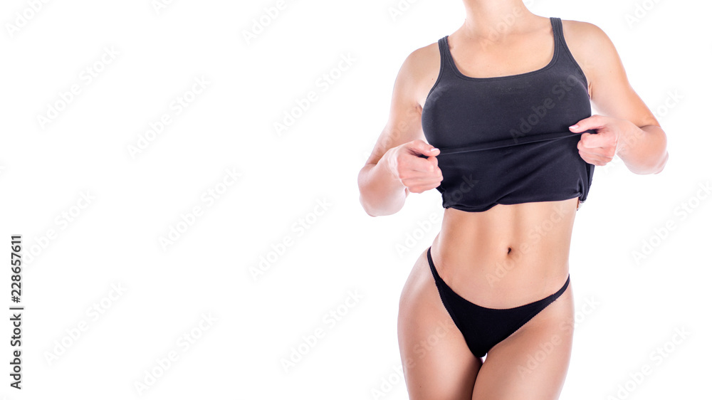 female body in base underwear isolated on white, close up female body in base underwear isolated on white, close up