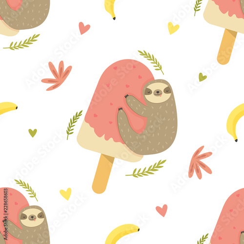 Tropical seamless pattern with sloth and ice cream.