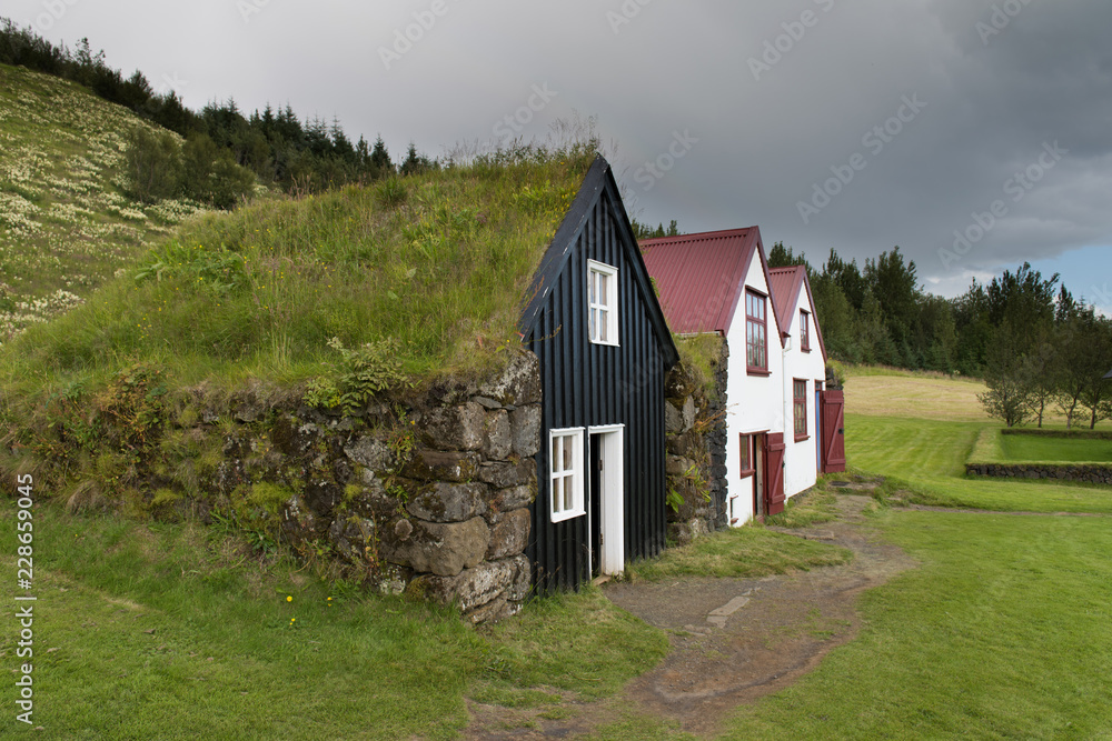 Traditional Icelandic houses with grass roof in Skogar Folk Museum, Iceland Traditional Icelandic houses with grass roof in Skogar Folk Museum, Iceland