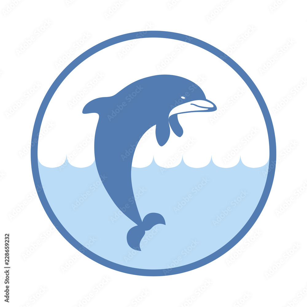 Obraz premium Sign jumping in the sea dolphin. Symbol dolphin in circle. Logo template isolated on white background. Vector illustration