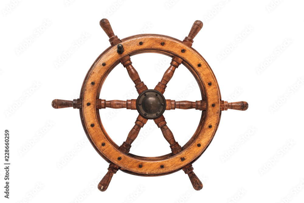 Isolated Vintage Wooden And Brass Ship's Steering Wheel With White Background