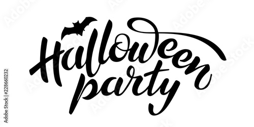 Halloween party vector lettering, holiday calligraphy text with bat illustration.