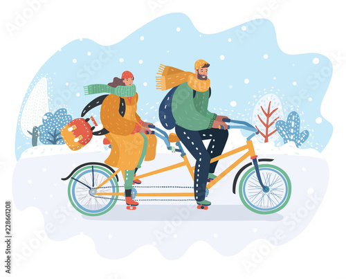 Couple riding on tandem bike at snowy landscape.