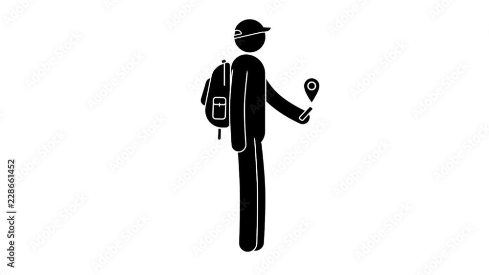 Pictogram man with a backpack is guided by the GPS navigator in smartphone. Icon people. Looped animation with alpha channel. Pictogram man with a backpack is guided by the GPS navigator in smartphone. Icon people. Looped animation with alpha channel.
