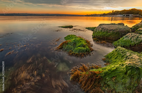 Beauty sea sunset with colorful moss over the rocks. Smooth long exposure of waves