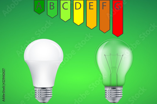 Energy efficiency of LED light bulb and incandescent lamp, vector illustration