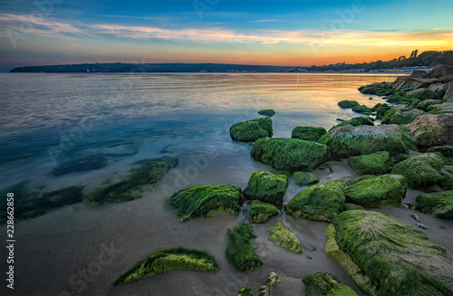 Beauty sea rocky coast with green moss on the stones.