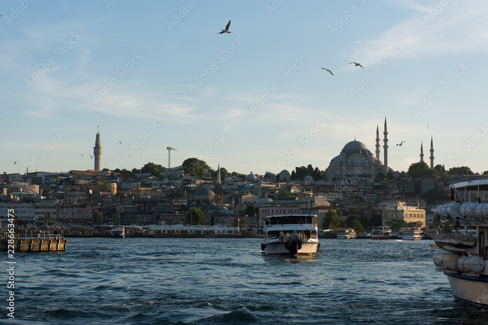 Fototapeta premium Touristic boats in Golden Horn bay of Istanbul