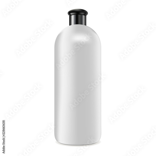 3d realistic Vector White plastic or metal Bottle with black cup isolated on white background. Vector illustration for shampoo, gel and enother products.