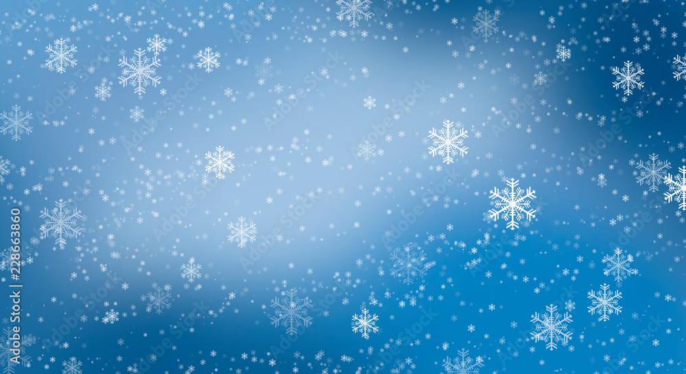 Blue bokeh background with snowflakes. Empty winter background, snowy, celebratory.