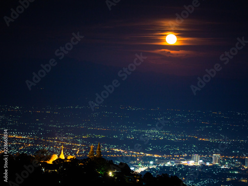 Chiang Mai landscape and red full moon and clouds