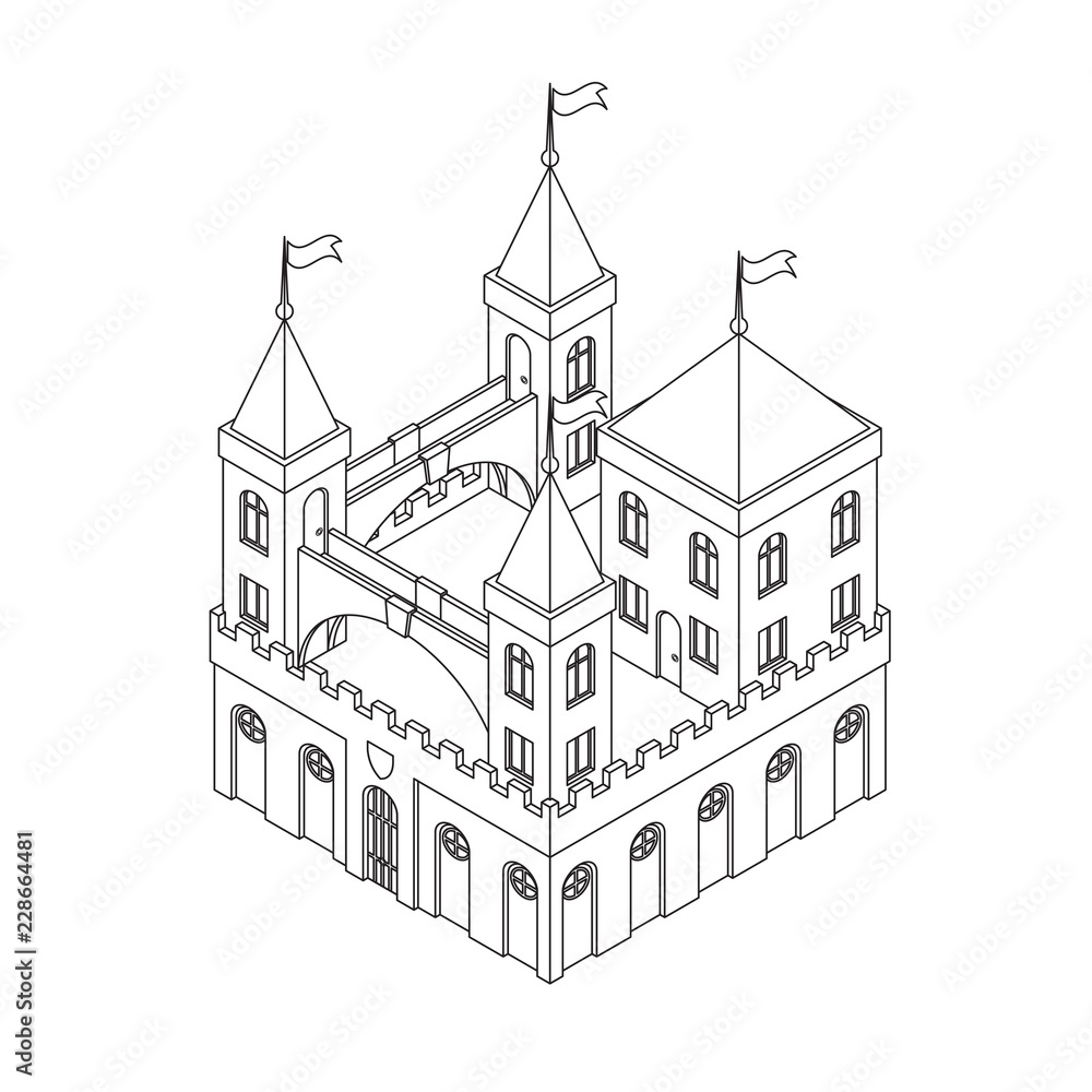 A fairytale medieval castle isolated on white background. Made in the style art line