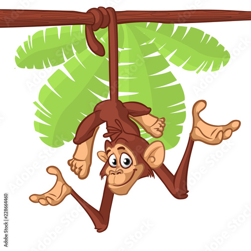 Cute Monkey Chimpanzee Hanging  On Wood Branch. Vector Illustration Cartoon. Outlined photo