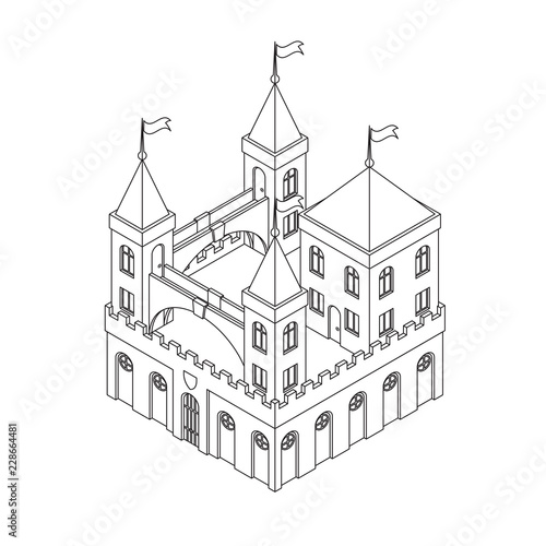 A fairytale medieval castle isolated on white background. Made in the style art line