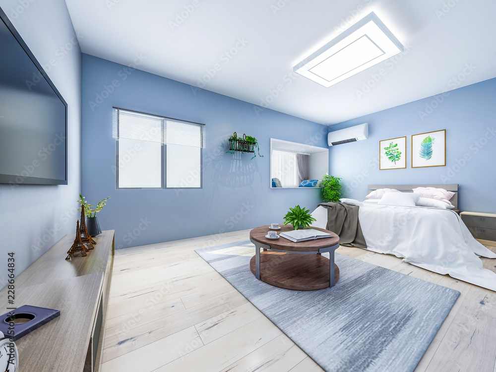 Fototapeta premium Modern bedroom with light blue walls with double bed, table, TV, wardrobe and greenery