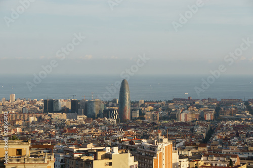 Agbar Tower Aerial view on sunny day. Emblematic building of Financial district of Barcelona, Catalonia, Spain.