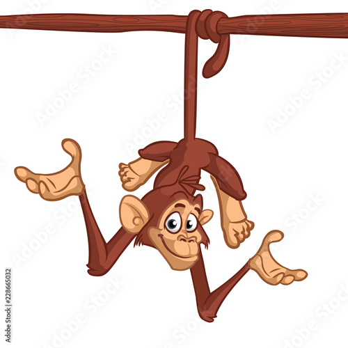 Cute cartoon chimpanzee monskey hang down the tree. Vector illustration in cartoon style. Outlined © drawkman