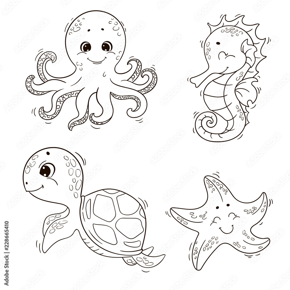 Cute sea animals ( turtle, octopus, seahorse, starfish ). Vector black and  white outline illustration for coloring book. Stock Vector | Adobe Stock