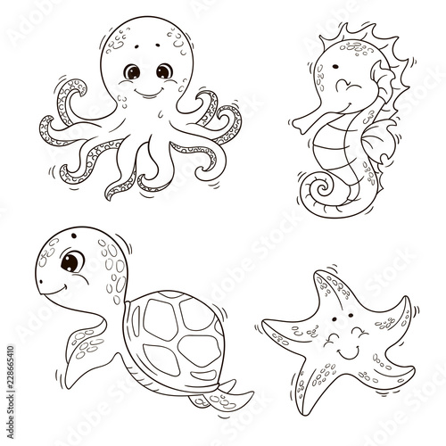 Cute sea animals ( turtle, octopus, seahorse, starfish ). Vector black and white outline illustration for coloring book.