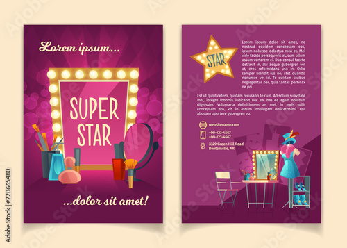 Vector cartoon brochure for advertising concert tours of famous artists, theater groups and circus troupes. Leaflet with illuminated retro frame, makeup mirror, theatrical equipment, stage costumes
