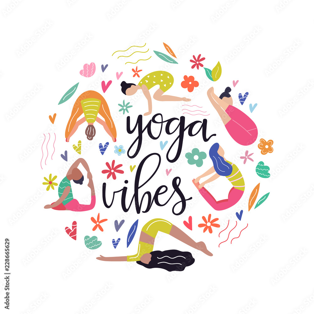 Yoga girls. Yoga vibes colorful concept poster Stock Vector