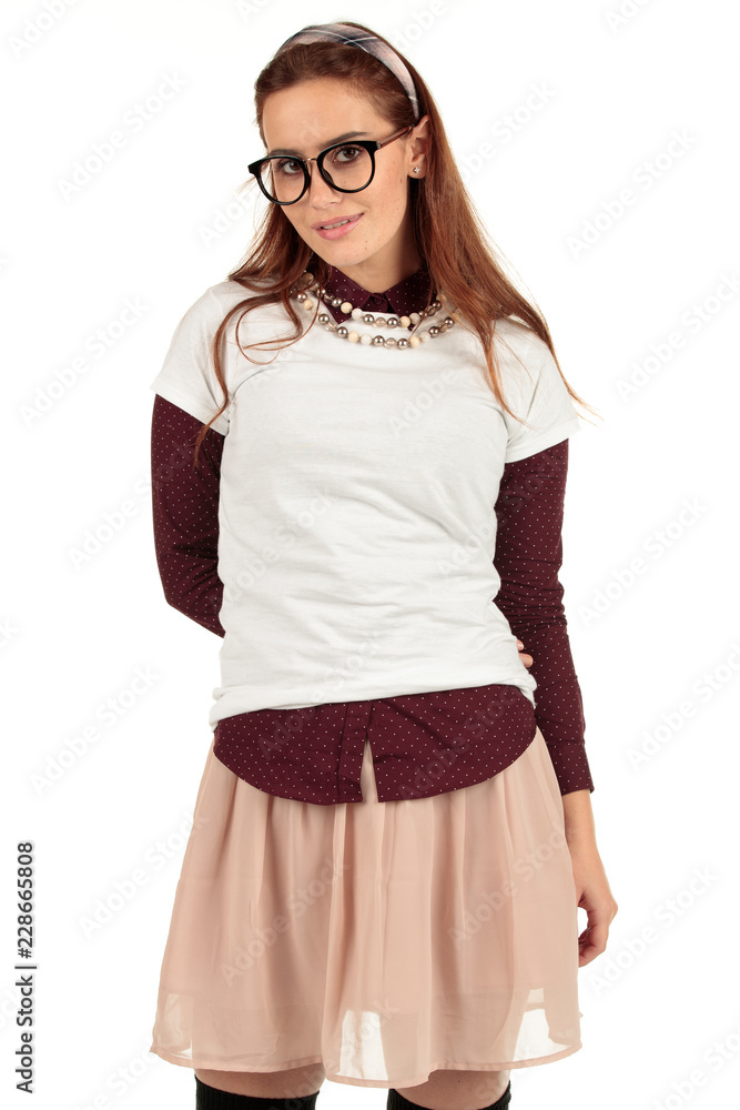 Blank t-shirt mock-up - Cute preppy, fashion geek girl ready for your design Blank t-shirt mock-up - Cute preppy, fashion geek girl ready for your design