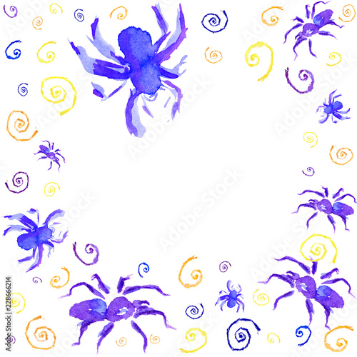 Watercolor circle frame or background of violet and blue spiders to Halloween for cards and posters photo