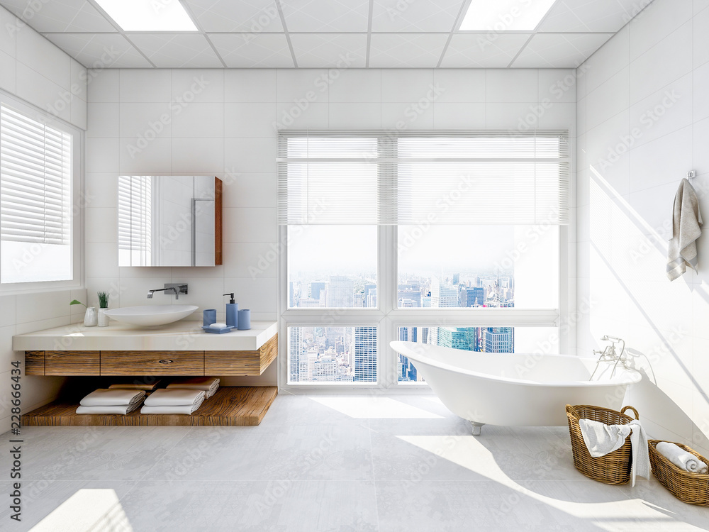 Fototapeta premium Spacious bathroom with partition shower, bathtub, toilet and sink, mirror, etc.