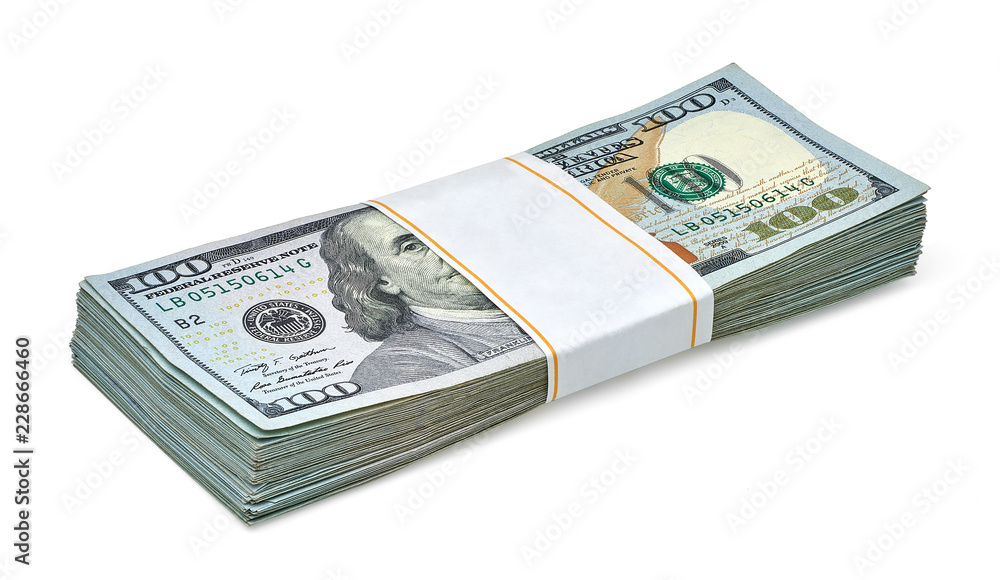 New US Dollar bills bundles stack on white background including clipping path. New US Dollar bills bundles stack on white background including clipping path.