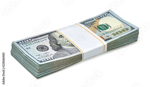 New US Dollar bills bundles stack on white background including clipping path.