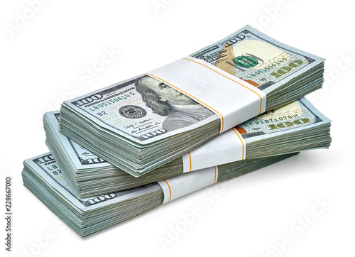 New US Dollar bills bundles stack on white background including clipping path.