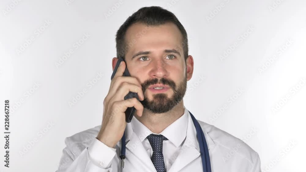 Old Doctor Talking on Smartphone, White Background