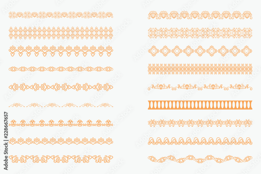 Set of horizontal isolated Orange lace borders for design - obrazy, fototapety, plakaty 