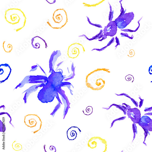 Watercolor seamless pattern or background of violet and blue spider and color webs to Halloween. photo