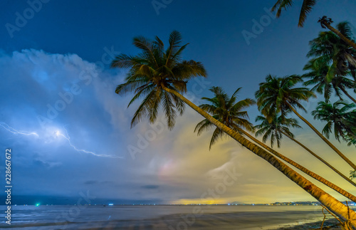 Inclined coconut trees leaning toward the tropical beach on a summer night  the horizon of the lightning bolts through the dramatic clouds are interesting for night scenes.